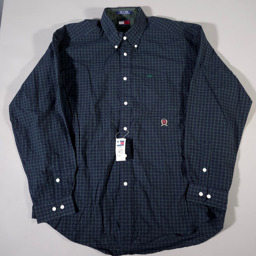 Tommy Hilfiger Button Down Shirt Mens XL Navy‎ Green Check Plaid Long Sleeve NWT